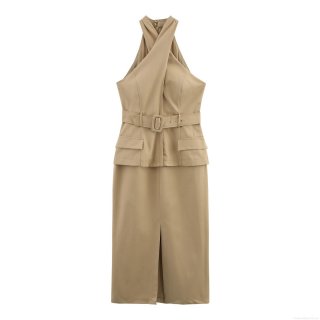 Women's Elegant Khaki Halter Neck Midi Dress With Belt Cross Design Front Slit Sleeveless Polyester Long Dress For Office Commute Party