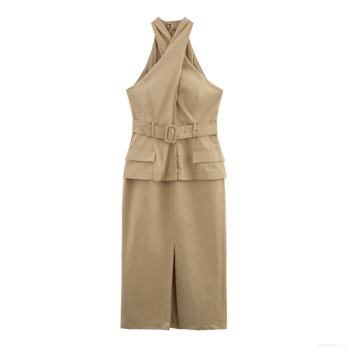 Women's Elegant Khaki Halter Neck Midi Dress With Belt Cross Design Front Slit Sleeveless Polyester Long Dress For Office Commute Party