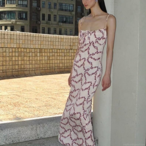 Women's Sexy Floral Spaghetti Strap Bodycon Maxi Dress Elegant Polyester Sleeveless High Waist Drawstring Slim Fit Long Sun Dress Summer Party Beach