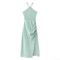 Elegant Sage Mint Green Satin Halter Backless Maxi Dress For Women Sexy Pleated Waist High Slit Evening Party Wedding Guest Formal Evening Gown