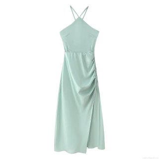 Elegant Sage Mint Green Satin Halter Backless Maxi Dress For Women Sexy Pleated Waist High Slit Evening Party Wedding Guest Formal Evening Gown