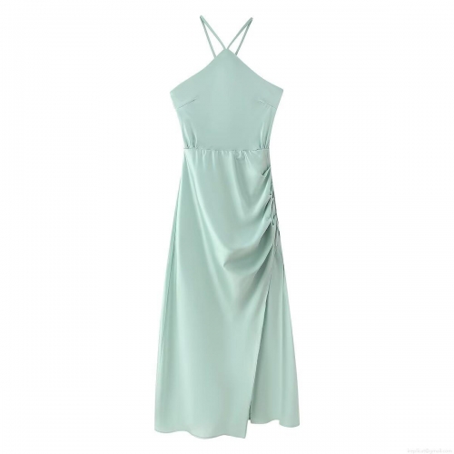 Elegant Sage Mint Green Satin Halter Backless Maxi Dress For Women Sexy Pleated Waist High Slit Evening Party Wedding Guest Formal Evening Gown