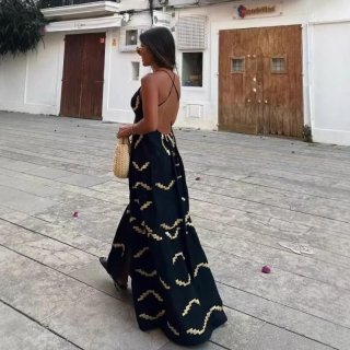 Women's Ethnic Bohemian Maxi Dress Polyester Geometric Print Backless Lace-up V-Neck Sleeveless Halter Tiered Long Dress for Summer Vacation Party