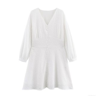 Elegant Women White V-Neck Embroidery Hollow Out Mini Dress 3/4 Sleeve High Waist A-Line Party Short Dress Pullover Summer Fashion Lady Clothing