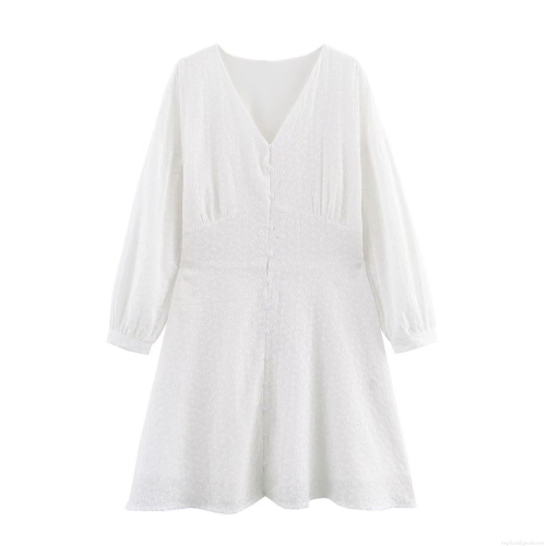 Elegant Women White V-Neck Embroidery Hollow Out Mini Dress 3/4 Sleeve High Waist A-Line Party Short Dress Pullover Summer Fashion Lady Clothing