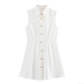 Women Sleeveless Lapel Mini Dress British Style Gold Button High Waist A-Line Pleated Dress Solid White Polyester Elegant Commuter Dress For Party
