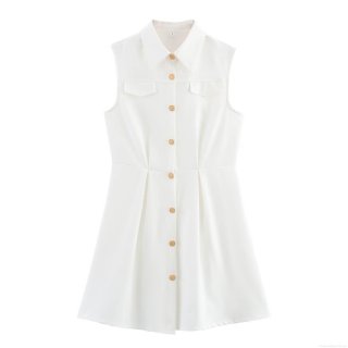 Women Sleeveless Lapel Mini Dress British Style Gold Button High Waist A-Line Pleated Dress Solid White Polyester Elegant Commuter Dress For Party