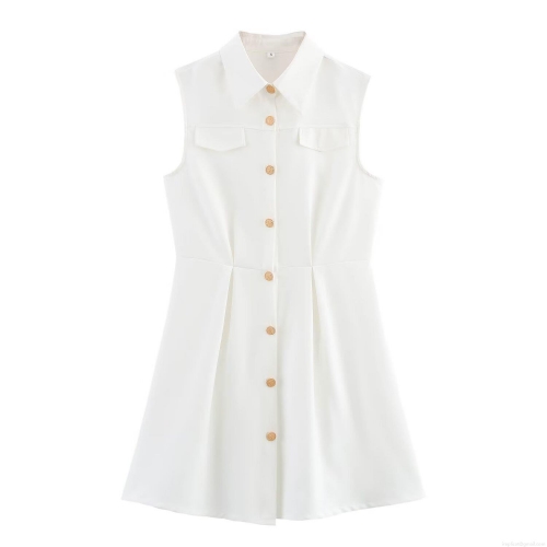 Women Sleeveless Lapel Mini Dress British Style Gold Button High Waist A-Line Pleated Dress Solid White Polyester Elegant Commuter Dress For Party