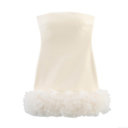 Women's Strapless Mini Dress Mesh Patchwork Sweet Bodycon Party Dress Polyester Pale Yellow Sleeveless Dress