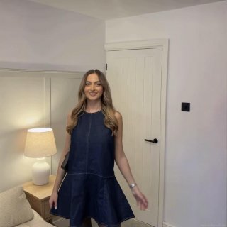 Women's Dark Blue Sleeveless Denim-Like Polyester Mini Dress With Contrast Orange Topstitching Ruffle Hem Casual A-Line Round Neck Short Dress For Summer