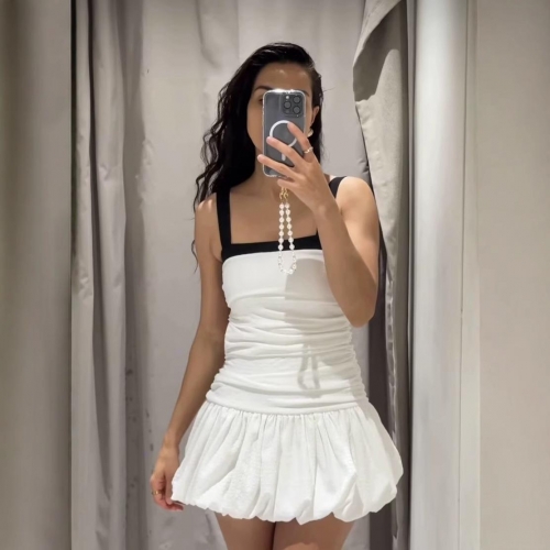 Women's Elegant Mini Dress Black and White Contrast Square Neck Sleeveless Shirred Corset Style Bubble Hem Summer Party Dress