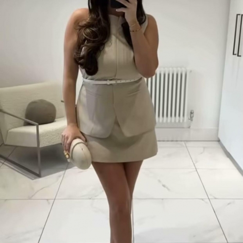 Women's Elegant Fake Two-Piece Sleeveless Dress Solid Color Polyester Round Neck High Waist A-Line Mini Skirt With Belt For Office Business Commuting British Style