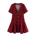 Women's Elegant Tweed Blazer Dress Patchwork Button Front V Neck Short Sleeve Mini Dress Burgundy Wine Red Office Party Formal Wear Short Skirt A-Line