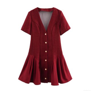 Women's Elegant Tweed Blazer Dress Patchwork Button Front V Neck Short Sleeve Mini Dress Burgundy Wine Red Office Party Formal Wear Short Skirt A-Line