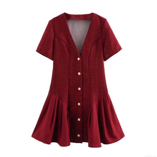 Women's Elegant Tweed Blazer Dress Patchwork Button Front V Neck Short Sleeve Mini Dress Burgundy Wine Red Office Party Formal Wear Short Skirt A-Line