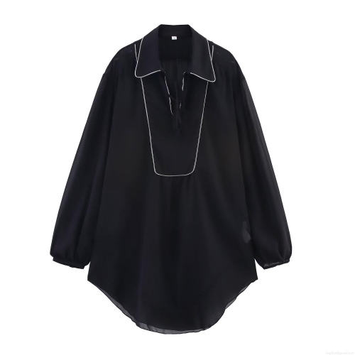 Women's Preppy Style Chiffon Shirt Dress Elegant Contrast Piping Long Sleeve Mini Dress With Bow Tie Neck Casual Loose Blouse Dress For Party Daily