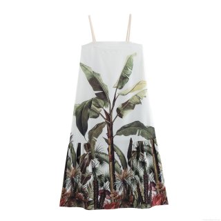 Women's Tropical Leaf Print Polyester Camisole Maxi Dress With Braid Rope Straps A-Line Loose High Waist Long Sundress For Summer Beach Vacation