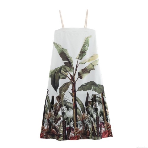 Women's Tropical Leaf Print Polyester Camisole Maxi Dress With Braid Rope Straps A-Line Loose High Waist Long Sundress For Summer Beach Vacation