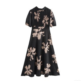 Women's Floral Printed Maxi Dress Elegant Pleated Puff Short Sleeve High Waist A-Line Long Dress For Summer Party Date Lady Style