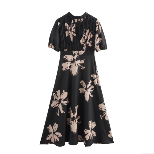 Women's Floral Printed Maxi Dress Elegant Pleated Puff Short Sleeve High Waist A-Line Long Dress For Summer Party Date Lady Style