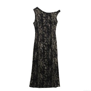 Women One Shoulder Sleeveless Midi Dress Elegant Gold Stamped Polyester Abstract Print Sexy Bodycon Party Evening Gown