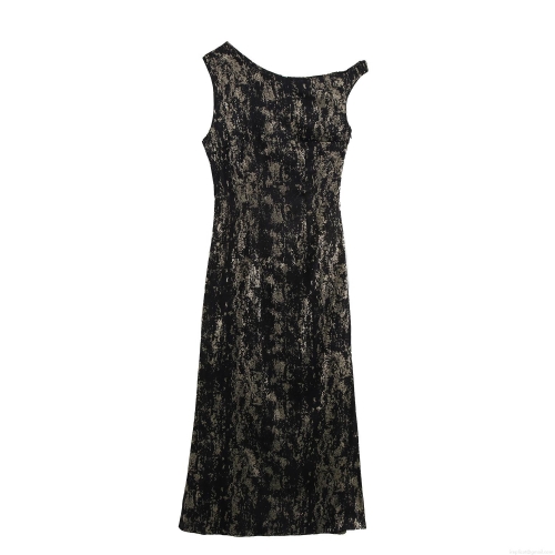 Women One Shoulder Sleeveless Midi Dress Elegant Gold Stamped Polyester Abstract Print Sexy Bodycon Party Evening Gown