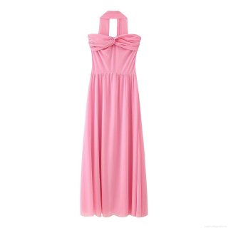 Women Sweet Elegant Pink Mesh Maxi Dress Halter Tube Top Twist Knot Pleated Large Swing Long Dress For Party Evening Wedding Summer