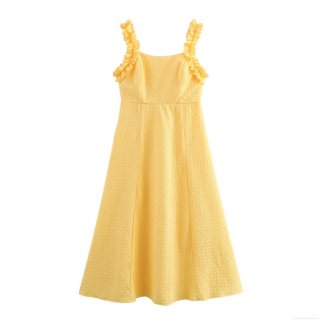 Women's Summer Yellow Ruffle Strap Maxi Dress Polyester Jacquard Textured High Waist A-Line Long Dress For Vacation Party Sweet Elegant Style