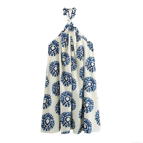 Women Halter Neck Backless Maxi Dress Geometric Tie Dye Print Sleeveless High Waist Boho Vacation Beach Long Dress Elegant Polyester Sundress