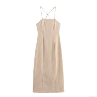 Women's Sexy Backless Cross Spaghetti Strap Maxi Dress Elegant Striped Bodycon Slit Long Cami Dress Summer Slim Fit Party Clubwear