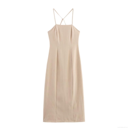 Women's Sexy Backless Cross Spaghetti Strap Maxi Dress Elegant Striped Bodycon Slit Long Cami Dress Summer Slim Fit Party Clubwear