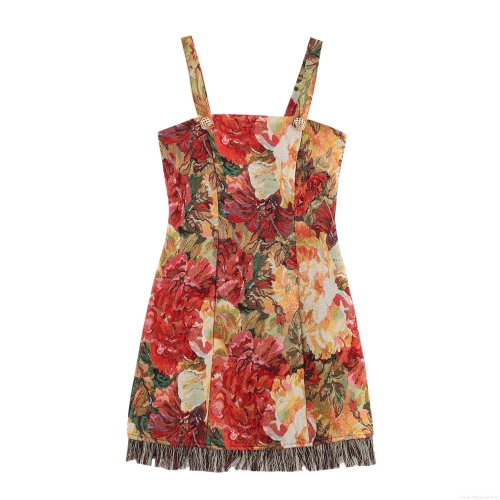 French Vintage Oil Painting Floral Jacquard Mini Dress With Tassel Hem Square Neck Sleeveless Brocade Dress For Women Party Elegant Retro Dress