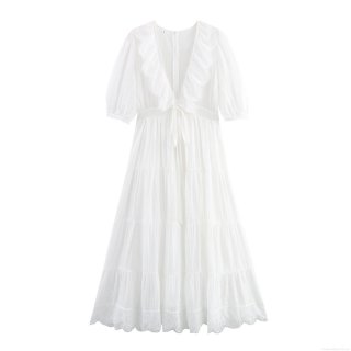 Women Elegant White Lace Stitching Maxi Dress V Neck Short Sleeve Ruffle Tiered Cake Dress For Wedding Party Vacation Summer Ladies Polyester Long Dress