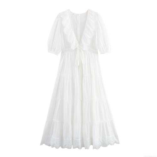 Women Elegant White Lace Stitching Maxi Dress V Neck Short Sleeve Ruffle Tiered Cake Dress For Wedding Party Vacation Summer Ladies Polyester Long Dress
