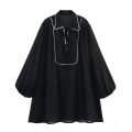 French Contrast Color Polo Collar Chiffon Dress Women Retro Lantern Sleeve Long Sleeve Loose Mini Dress Elegant Black Pullover Skirt With Tie Bow Detail