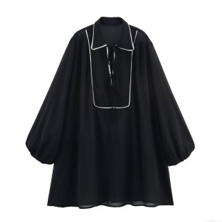 French Contrast Color Polo Collar Chiffon Dress Women Retro Lantern Sleeve Long Sleeve Loose Mini Dress Elegant Black Pullover Skirt With Tie Bow Detail