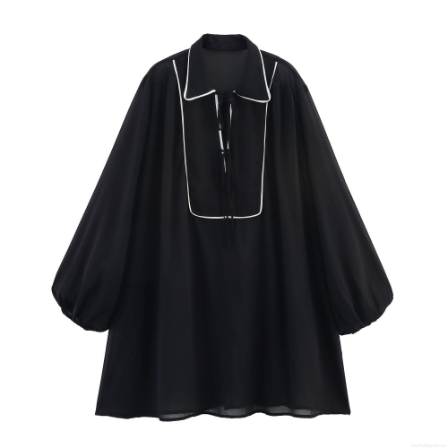 French Contrast Color Polo Collar Chiffon Dress Women Retro Lantern Sleeve Long Sleeve Loose Mini Dress Elegant Black Pullover Skirt With Tie Bow Detail