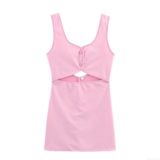 Women's Sexy Pink Bodycon Mini Dress Sleeveless Ribbed Knit Hollow Out High Waist Square Neck Summer Party Outfit For Ladies