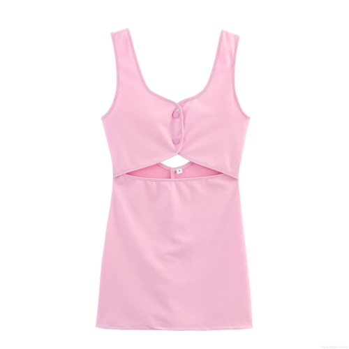 Women's Sexy Pink Bodycon Mini Dress Sleeveless Ribbed Knit Hollow Out High Waist Square Neck Summer Party Outfit For Ladies