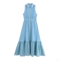 Women's Sleeveless Shirt Dress Elegant Pleated Ruffled Hem Maxi Dress Single Breasted Sky Blue Summer Commuter Long Dress for Ladies