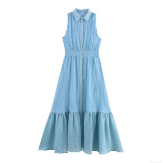 Women's Sleeveless Shirt Dress Elegant Pleated Ruffled Hem Maxi Dress Single Breasted Sky Blue Summer Commuter Long Dress for Ladies