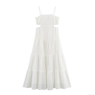 Women's Sexy White Mesh Maxi Dress Elegant Waist Cut-out Tiered Cake Skirt Square Neck Camisole Summer Vacation Beach Party Dress