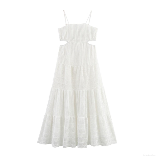 Women's Sexy White Mesh Maxi Dress Elegant Waist Cut-out Tiered Cake Skirt Square Neck Camisole Summer Vacation Beach Party Dress