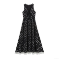 Women's Elegant Polka Dot Maxi Dress Deep V Neck Sleeveless Ruffle Lace Trim Bow Tie Front Polyester Summer Long Dress For Party Vacation