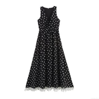 Women's Elegant Polka Dot Maxi Dress Deep V Neck Sleeveless Ruffle Lace Trim Bow Tie Front Polyester Summer Long Dress For Party Vacation