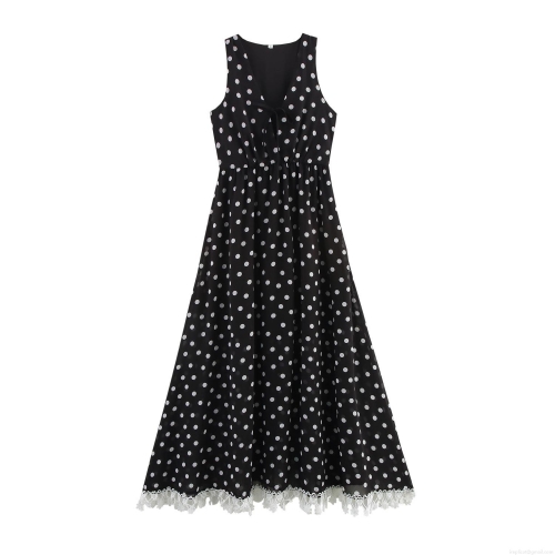 Women's Elegant Polka Dot Maxi Dress Deep V Neck Sleeveless Ruffle Lace Trim Bow Tie Front Polyester Summer Long Dress For Party Vacation
