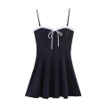 Women Sweet Black A-Line Mini Dress White Ruffle Trim Bow Camisole Summer Party Dress High Waist Sleeveless Slim Fit Sexy Clubwear Dress