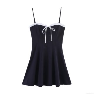 Women Sweet Black A-Line Mini Dress White Ruffle Trim Bow Camisole Summer Party Dress High Waist Sleeveless Slim Fit Sexy Clubwear Dress