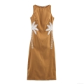 Women's Elegant Sleeveless Round Neck Maxi Dress Coconut Tree Embroidery Back Slit Long Dress For Summer Vacation Casual Polyester