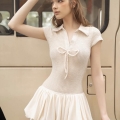 Women's Creamy White Polo Neck Mini Dress Spliced Waffle Knit Short Sleeve Puffy Bubble Skirt With Bow Tie Waist Slimming Sweet Mori Style Summer Casual Vacation Party Dress